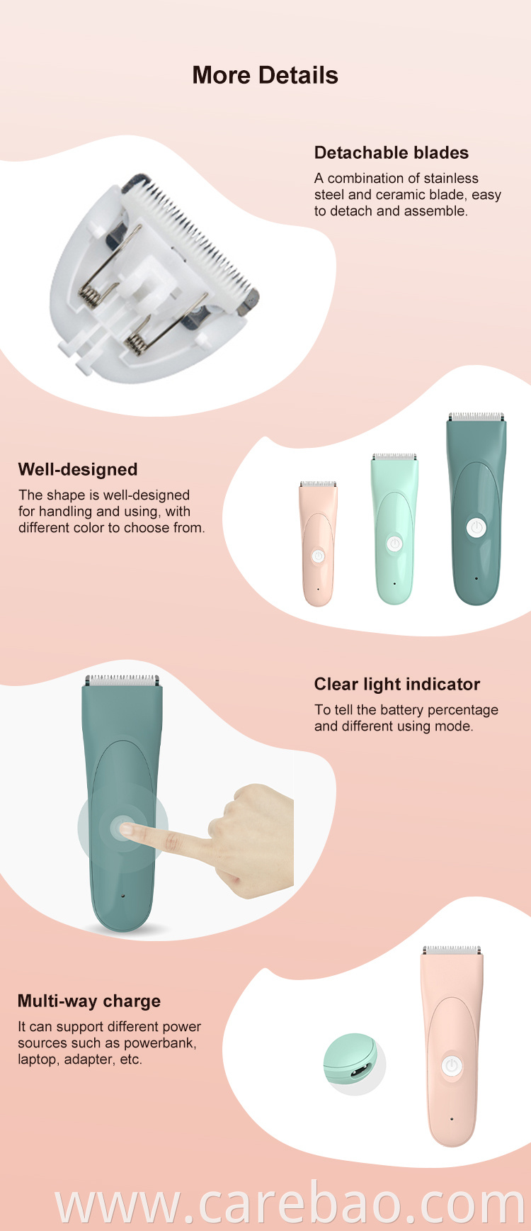 Modern Design Waterproof Electric Body Trimmer Baby Hair Clipper For Kids With Safety Detachable Ceramic Blade In Low Noise